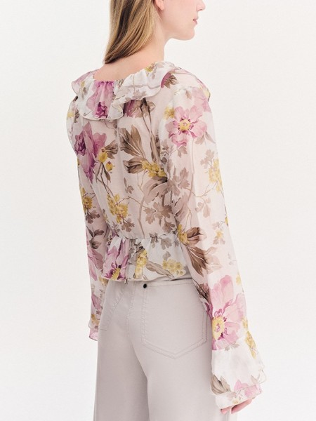 Floral printed εκρού μεταξωτό μακρυμάνικη μπλούζα, με V-λαιμόκοψη, διακοσμητικά βολάν και κλείσιμο με ρυθμιζόμενα κορδόνια Forel Case study 