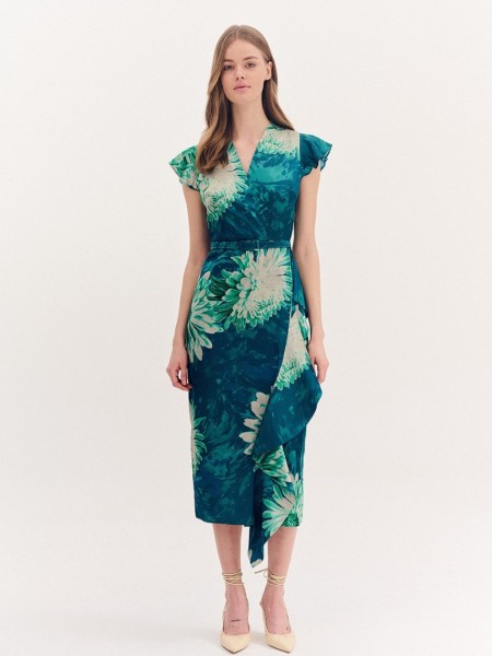 Floral printed πράσινο σατέν midi κοντομάνικο κρουαζέ φόρεμα, βολάν στα μανίκια, ανάποδο κρουαζέ στο κάτω μέρος, κλείσιμο με κρυφό φερμουάρ πίσω και αποσπώμενη ζώνη Forel  