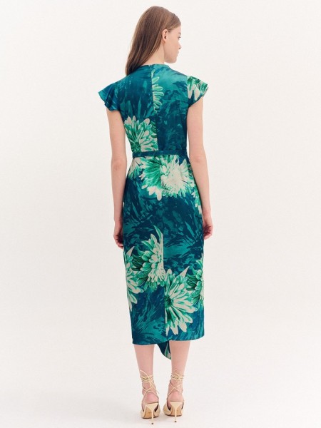 Floral printed πράσινο σατέν midi κοντομάνικο κρουαζέ φόρεμα, βολάν στα μανίκια, ανάποδο κρουαζέ στο κάτω μέρος, κλείσιμο με κρυφό φερμουάρ πίσω και αποσπώμενη ζώνη Forel  