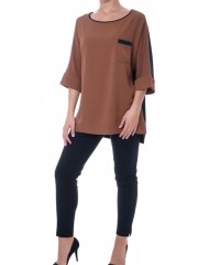 Δίχρωμη εκάι-μαύρη oversized μπλούζα με 3/4 μανίκια Forel 