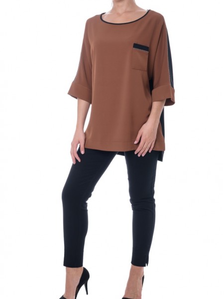 Δίχρωμη εκάι-μαύρη oversized μπλούζα με 3/4 μανίκια Forel 