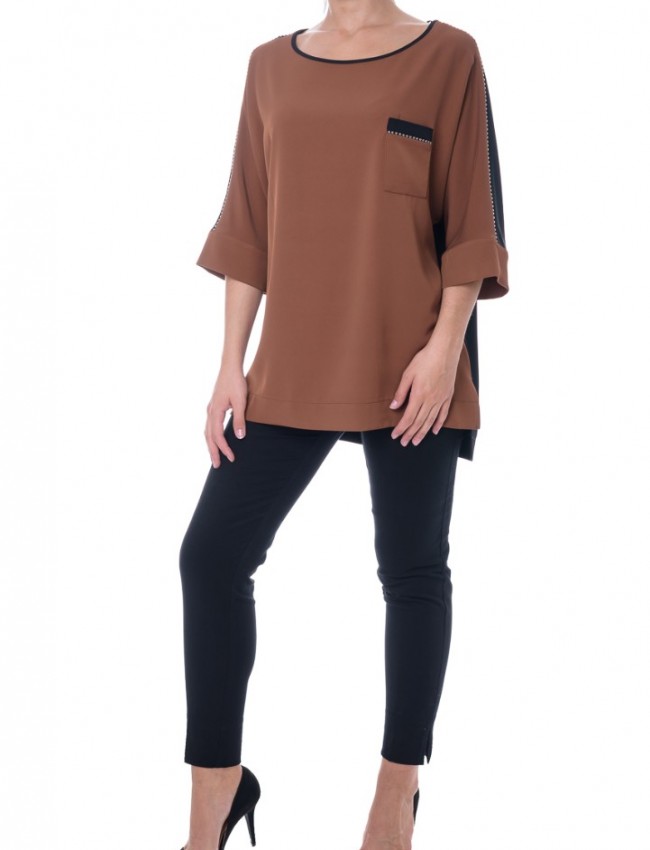 Δίχρωμη εκάι-μαύρη oversized μπλούζα με 3/4 μανίκια Forel 