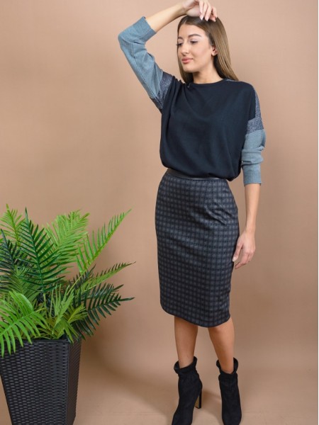 Καρώ γκρί ψηλόμεση midi φούστα με faux leather λεπτομέρεια στη μέση, κρυφό άνοιγμα πίσω και φερμουάρ Forel