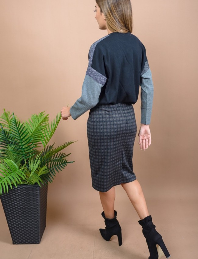 Καρώ γκρί ψηλόμεση midi φούστα με faux leather λεπτομέρεια στη μέση, κρυφό άνοιγμα πίσω και φερμουάρ Forel