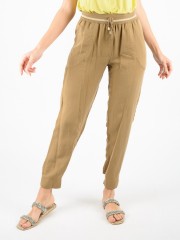 Κάμελ ψηλόμεσο λινό loose-fit παντελόνι με ριγέ λάστιχο στη μέση, διακοσμητικό κορδονάκι, πλαϊνές τσέπες, διακοσμητικά γαζιά μπροστά και ριγέ λάστιχο στην πίσω μεριά στο τελείωμα Forel