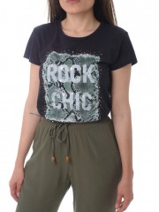 Μαύρο κοντομάνικο T-shirt με τύπωμα "Rock chic" Innocent