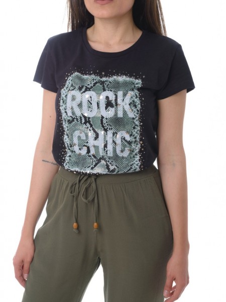 Μαύρο κοντομάνικο T-shirt με τύπωμα "Rock chic" Innocent