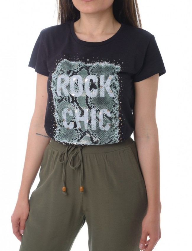 Μαύρο κοντομάνικο T-shirt με τύπωμα "Rock chic" Innocent