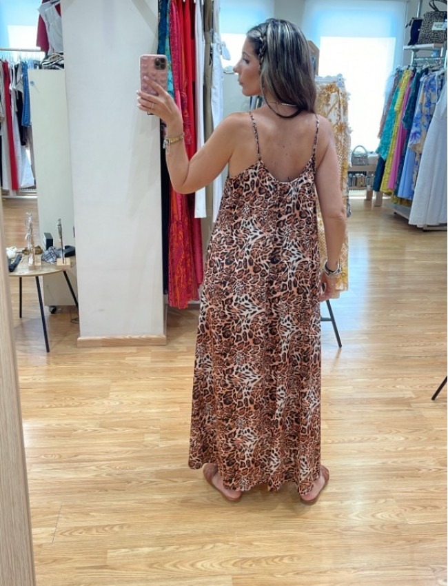 Leopard printed μαύρο αμάνικο satin touch midi φόρεμα, σε χαλαρή γραμμή, με πλαϊνά ανοίγματα και με λεπτές ρυθμιζόμενες τιράντες  Innocent
