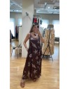 Εμπριμέ καφέ αμάνικο satin touch midi φόρεμα, με τύπωμα αχιβάδες, πλαϊνά ανοίγματα και με λεπτές ρυθμιζόμενες τιράντες Innocent