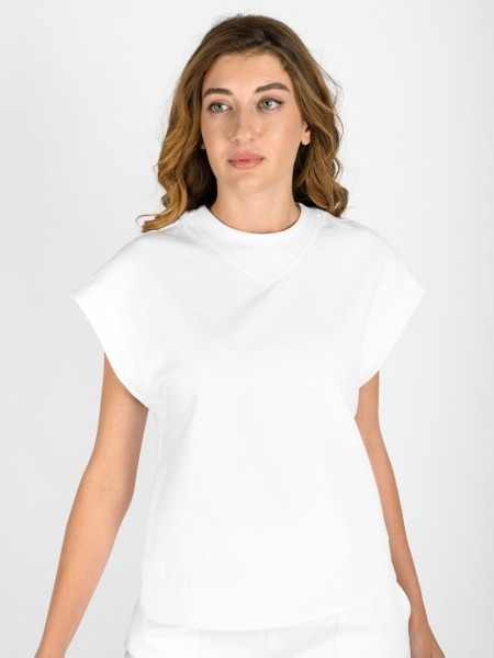 Λευκή κοντομάνικη φούτερ μπλούζα σε τετράγωνη γραμμή, με στρογγυλή λαιμόκοψη και μπάσκα στο τελείωμα Innocent