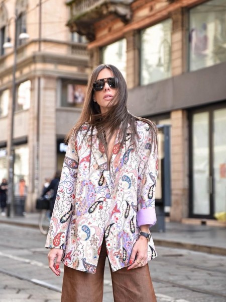 Floral printed λιλά-μπεζ μονόκουμπο oversized σακάκι με πέτο γιακά Innocent