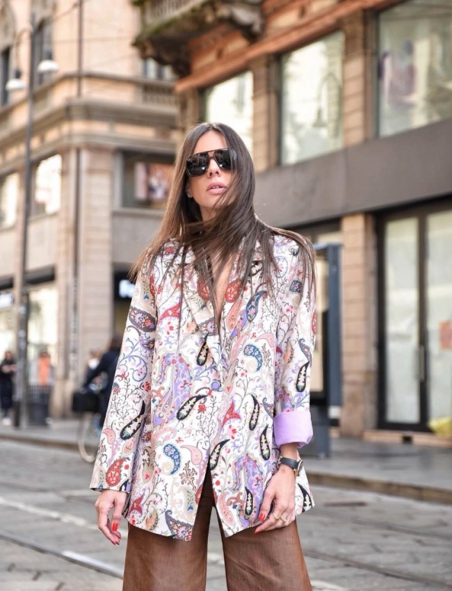 Floral printed λιλά-μπεζ μονόκουμπο oversized σακάκι με πέτο γιακά Innocent Floral printed λιλά-μπεζ μονόκουμπο oversized σακάκι με πέτο γιακά Innocent