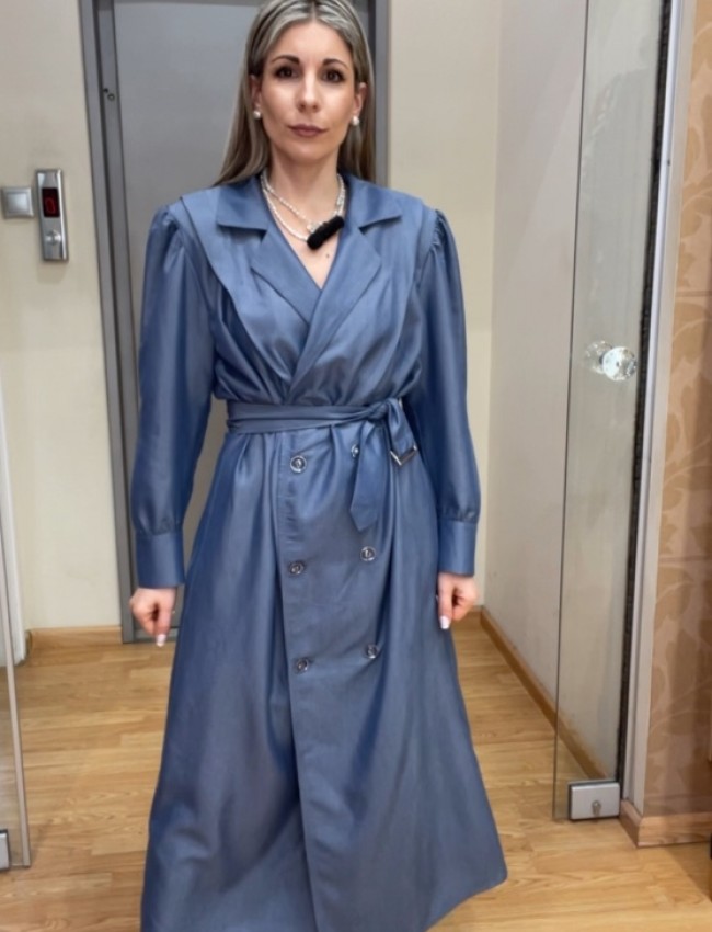 Blue tencel midi shirt-look φόρεμα σε φαρδιά γραμμή, βάτες στους ώμους, φαρδιά μανίκια με κουφόπιετες και αποσπώμενη ζώνη στην μέση Innocent