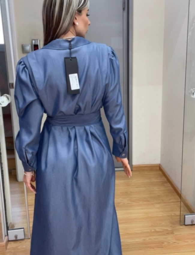 Blue tencel midi shirt-look φόρεμα σε φαρδιά γραμμή, βάτες στους ώμους, φαρδιά μανίκια με κουφόπιετες και αποσπώμενη ζώνη στην μέση Innocent