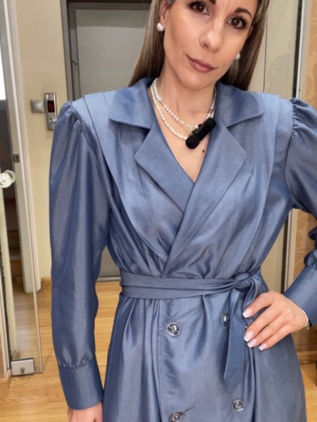 Blue tencel midi shirt-look φόρεμα σε φαρδιά γραμμή, βάτες στους ώμους, φαρδιά μανίκια με κουφόπιετες και αποσπώμενη ζώνη στην μέση Innocent
