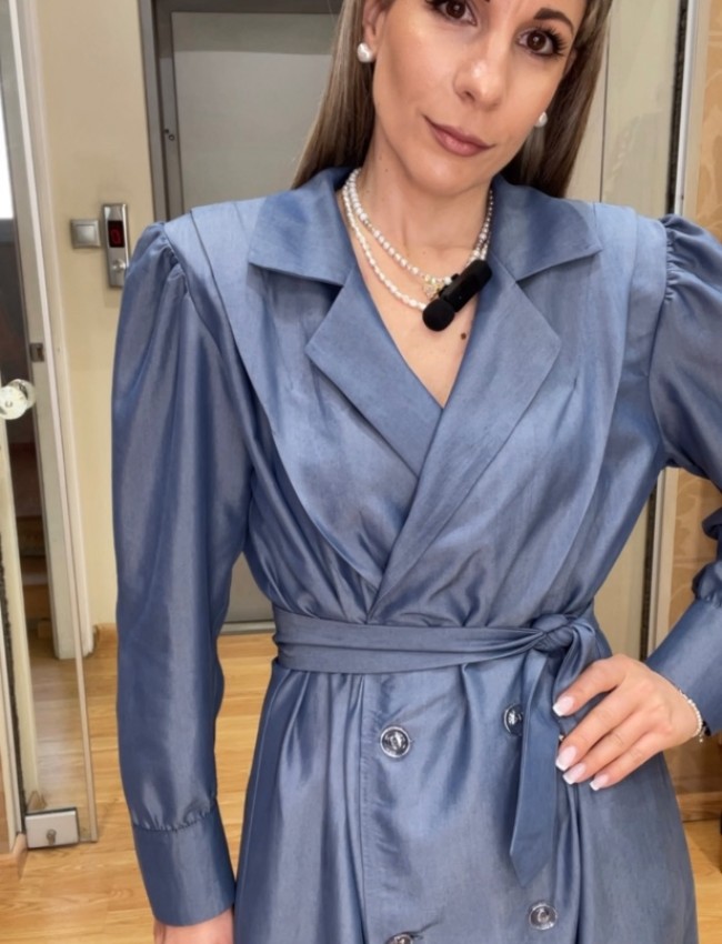 Blue tencel midi shirt-look φόρεμα σε φαρδιά γραμμή, βάτες στους ώμους, φαρδιά μανίκια με κουφόπιετες και αποσπώμενη ζώνη στην μέση Innocent