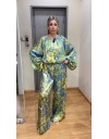 Floral printed κίτρινη-σιελ ψηλόμεση σατέν παντελόνα σε φαρδιά γραμμή, λάστιχο στην μέση και χωρίς τσέπες Innocent