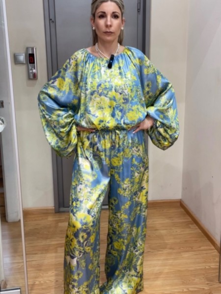 Floral printed κίτρινη-σιελ ψηλόμεση σατέν παντελόνα σε φαρδιά γραμμή, λάστιχο στην μέση και χωρίς τσέπες Innocent