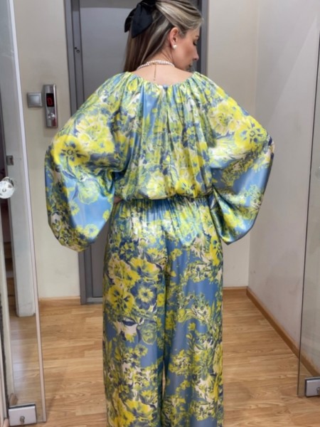 Floral printed κίτρινη-σιελ ψηλόμεση σατέν παντελόνα σε φαρδιά γραμμή, λάστιχο στην μέση και χωρίς τσέπες Innocent
