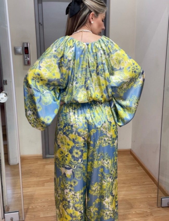 Floral printed κίτρινη-σιελ ψηλόμεση σατέν παντελόνα σε φαρδιά γραμμή, λάστιχο στην μέση και χωρίς τσέπες Innocent