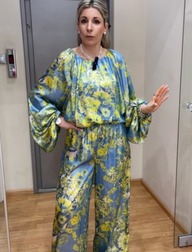 Floral printed κίτρινη-σιελ ψηλόμεση σατέν παντελόνα σε φαρδιά γραμμή, λάστιχο στην μέση και χωρίς τσέπες Innocent