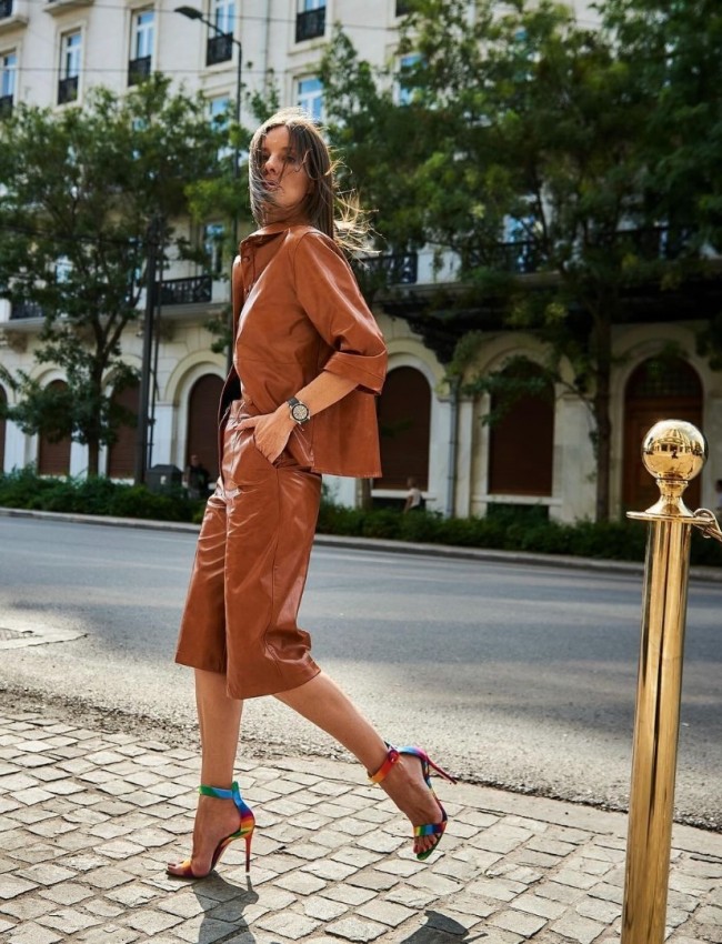 Ταμπά faux leather πουκάμισο σε τετράγωνη γραμμή με 3/4 μανίκια και διακοσμητικές ραφές innocent
