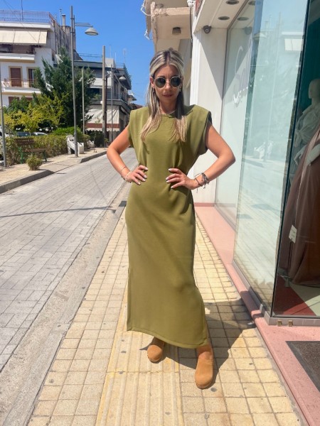 Λάδι αμάνικο maxi φόρεμα σε modal ύφανση, στρογγυλή λαιμόκοψη, πλαϊνά ανοίγματα και μικρά πλαϊνά καστίσματα στην μέση Innocent 