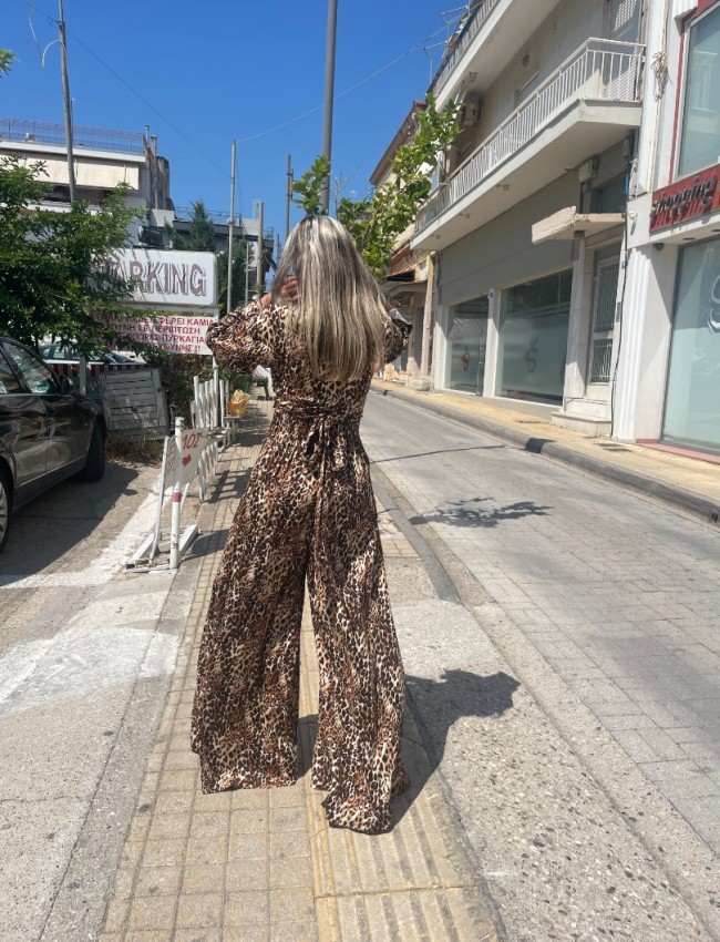 Animal printed καφέ ψηλόμεση φαρδιά παντελόνα με σταθερή μπάσκα , λάστιχο πίσω στην μέση και κλείσιμο με κρυφό φερμουάρ Innocent