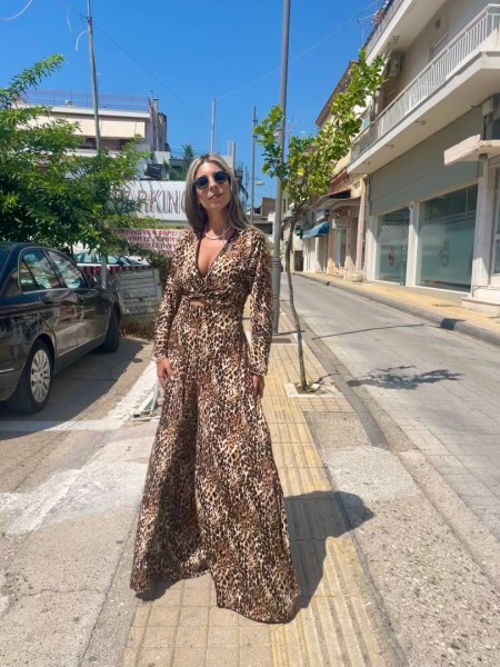 Animal printed καφέ μακρυμάνικη κρουαζέ μπλούζα με 3/4 μανίκια καμπάνα και μικρό λάστιχο στο τελείωμα Innocent