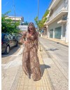 Animal printed καφέ ψηλόμεση φαρδιά παντελόνα με σταθερή μπάσκα , λάστιχο πίσω στην μέση και κλείσιμο με κρυφό φερμουάρ Innocent