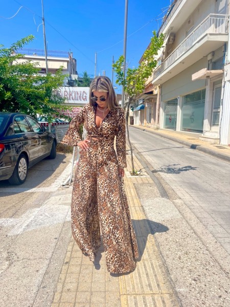 Animal printed καφέ ψηλόμεση φαρδιά παντελόνα με σταθερή μπάσκα , λάστιχο πίσω στην μέση και κλείσιμο με κρυφό φερμουάρ Innocent