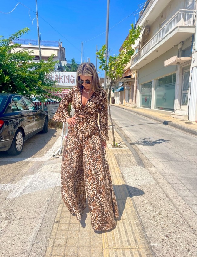 Animal printed καφέ ψηλόμεση φαρδιά παντελόνα με σταθερή μπάσκα , λάστιχο πίσω στην μέση και κλείσιμο με κρυφό φερμουάρ Innocent