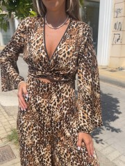 Animal printed καφέ μακρυμάνικη κρουαζέ μπλούζα με 3/4 μανίκια καμπάνα και μικρό λάστιχο στο τελείωμα Innocent