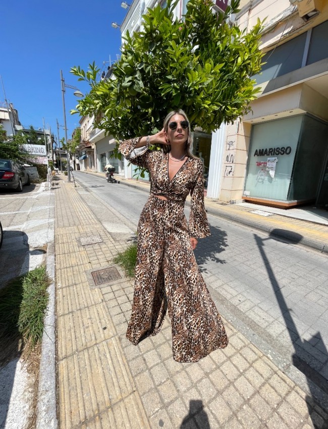 Animal printed καφέ ψηλόμεση φαρδιά παντελόνα με σταθερή μπάσκα , λάστιχο πίσω στην μέση και κλείσιμο με κρυφό φερμουάρ Innocent