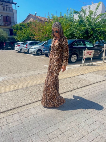 Animal printed καφέ ψηλόμεση φαρδιά παντελόνα με σταθερή μπάσκα , λάστιχο πίσω στην μέση και κλείσιμο με κρυφό φερμουάρ Innocent