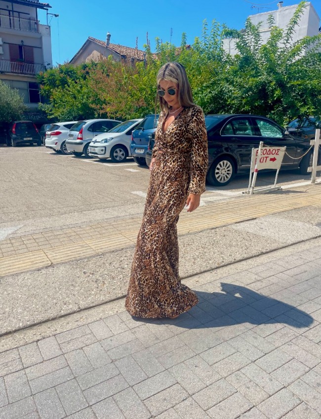 Animal printed καφέ ψηλόμεση φαρδιά παντελόνα με σταθερή μπάσκα , λάστιχο πίσω στην μέση και κλείσιμο με κρυφό φερμουάρ Innocent