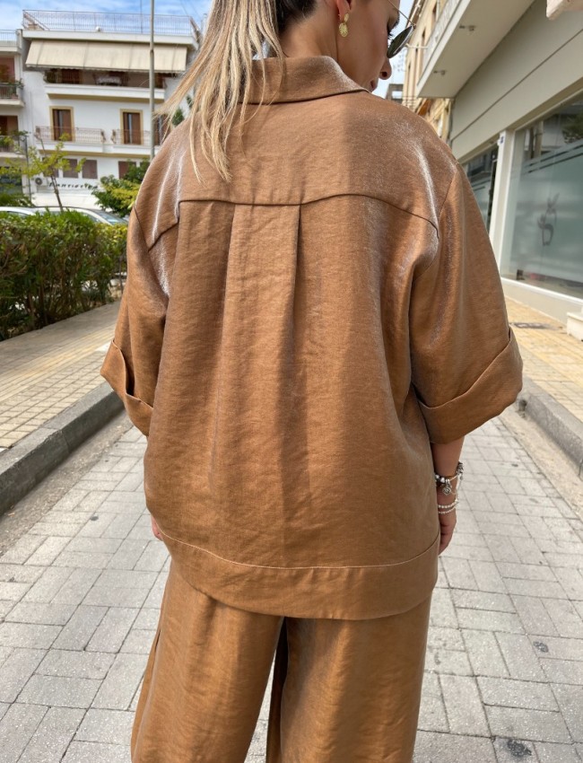 Bronze μεταλλικό κοντομάνικο πουκάμισο , σε Α γραμμή ,ρεβέρ στο τελείωμα στα μανίκια,, κουφόπιετα στην πλάτη και μπροστινά χρυσά κουμπιά Innocent