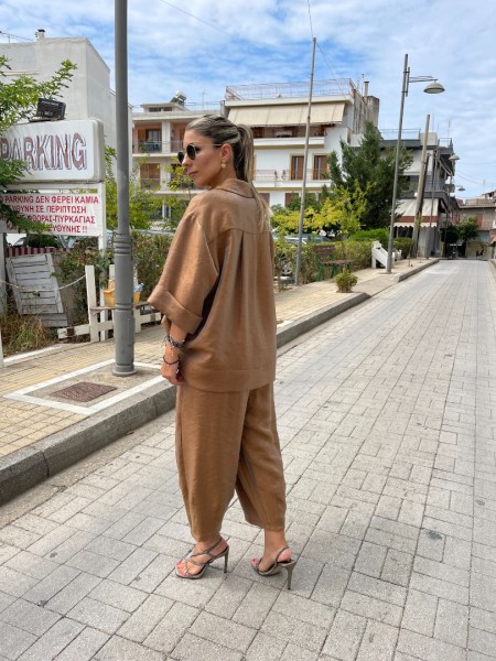 Bronze μεταλλικό ψηλόμεσο σχεδιαστικό παντελόνι σε χαλαρή γραμμή, λάστιχο στην μέση και μπροστινές πιέτες Innocent