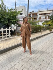 Bronze μεταλλικό ψηλόμεσο σχεδιαστικό παντελόνι σε χαλαρή γραμμή, λάστιχο στην μέση και μπροστινές πιέτες Innocent