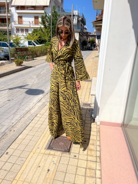 Zebra printed lime μακρυμάνικη κρουαζέ μπλούζα με 3/4 μανίκια καμπάνα και μικρό λάστιχο στο τελείωμα Innocent
