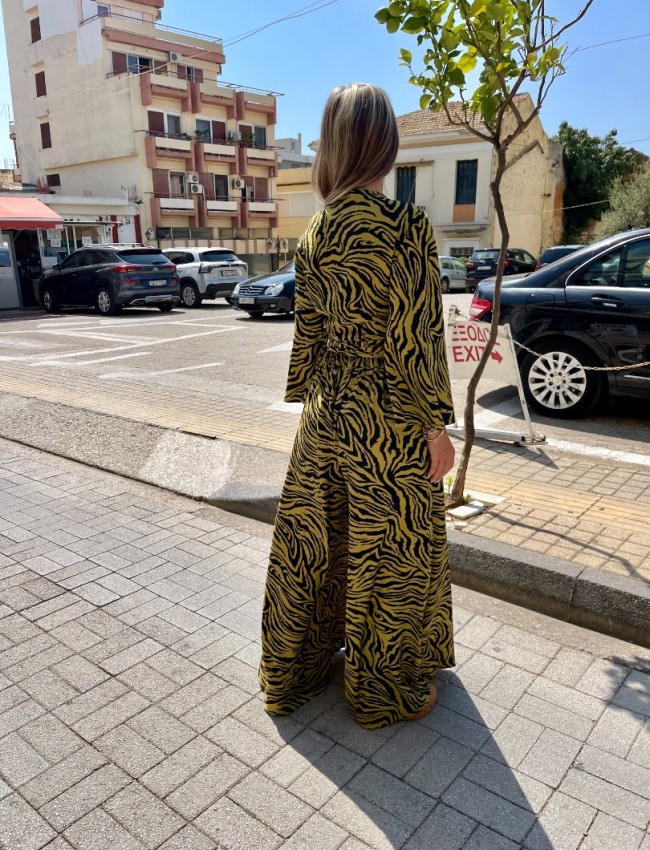 Zebra printed lime ψηλόμεση φαρδιά παντελόνα με σταθερή μπάσκα , λάστιχο πίσω στην μέση και κλείσιμο με κρυφό φερμουάρ Innocent