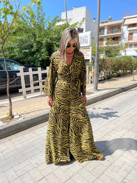 Zebra printed lime ψηλόμεση φαρδιά παντελόνα με σταθερή μπάσκα , λάστιχο πίσω στην μέση και κλείσιμο με κρυφό φερμουάρ Innocent