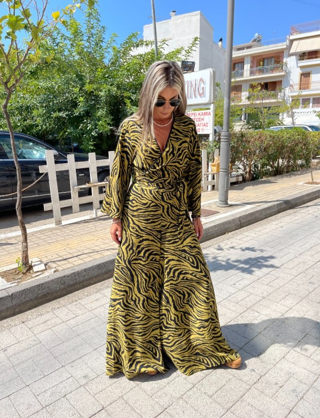 Zebra printed lime ψηλόμεση φαρδιά παντελόνα με σταθερή μπάσκα , λάστιχο πίσω στην μέση και κλείσιμο με κρυφό φερμουάρ Innocent