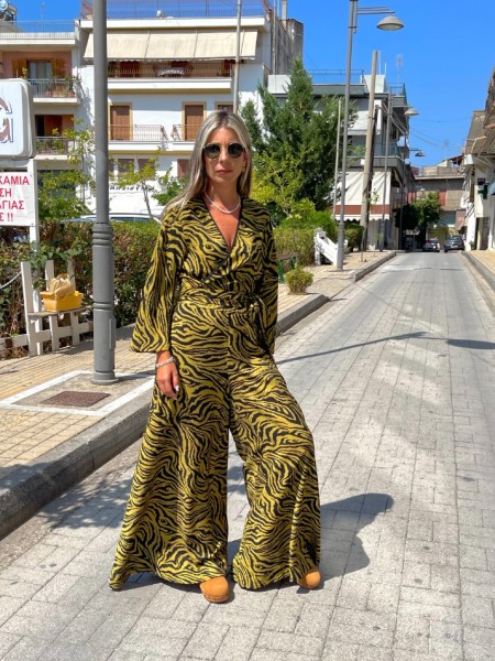 Zebra printed lime ψηλόμεση φαρδιά παντελόνα με σταθερή μπάσκα , λάστιχο πίσω στην μέση και κλείσιμο με κρυφό φερμουάρ Innocent