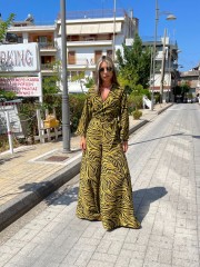 Zebra printed lime ψηλόμεση φαρδιά παντελόνα με σταθερή μπάσκα , λάστιχο πίσω στην μέση και κλείσιμο με κρυφό φερμουάρ Innocent