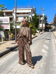 Animal printed μαύρη ψηλόμεση παντελόνα σε ίσια γραμμή με λάστιχο στη μέση και ρυθμιζόμενο κορδόνι Innocent 