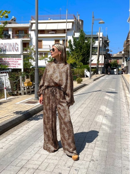 Animal printed μαύρη ψηλόμεση παντελόνα σε ίσια γραμμή με λάστιχο στη μέση και ρυθμιζόμενο κορδόνι Innocent 
