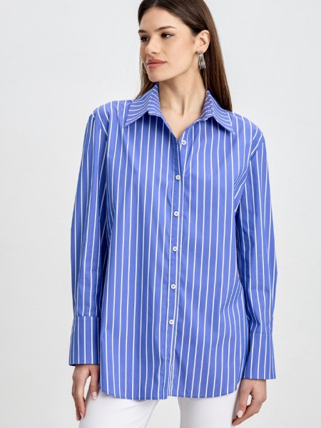 Ριγέ indigo μακρυμάνικο μακρύ oversized πουκάμισο σε χαλαρή γραμμή με φαρδιά ρίγα και φαρδιά μανίκια innocent 