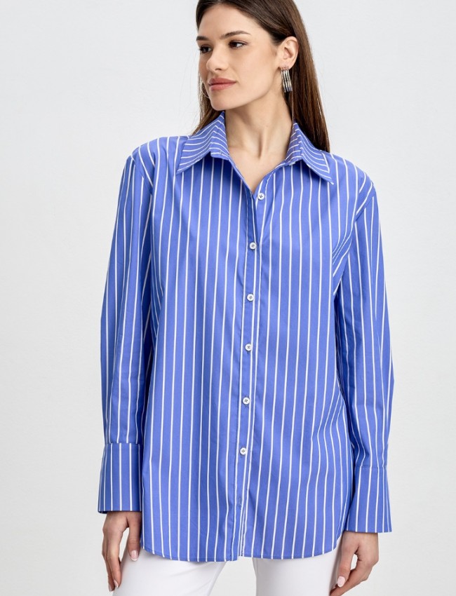 Ριγέ indigo μακρυμάνικο μακρύ oversized πουκάμισο σε χαλαρή γραμμή με φαρδιά ρίγα και φαρδιά μανίκια innocent 